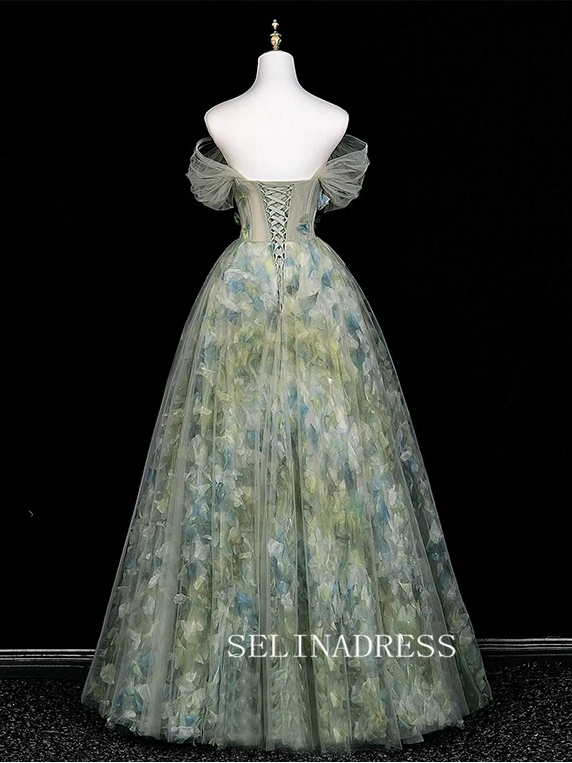 Chic A-line Off-the-shoulder Long Prom Dresses 3D Floral Evening Dress CRN065|Selinadress