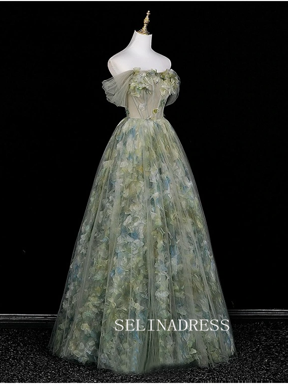 Chic A-line Off-the-shoulder Long Prom Dresses 3D Floral Evening Dress CRN065|Selinadress