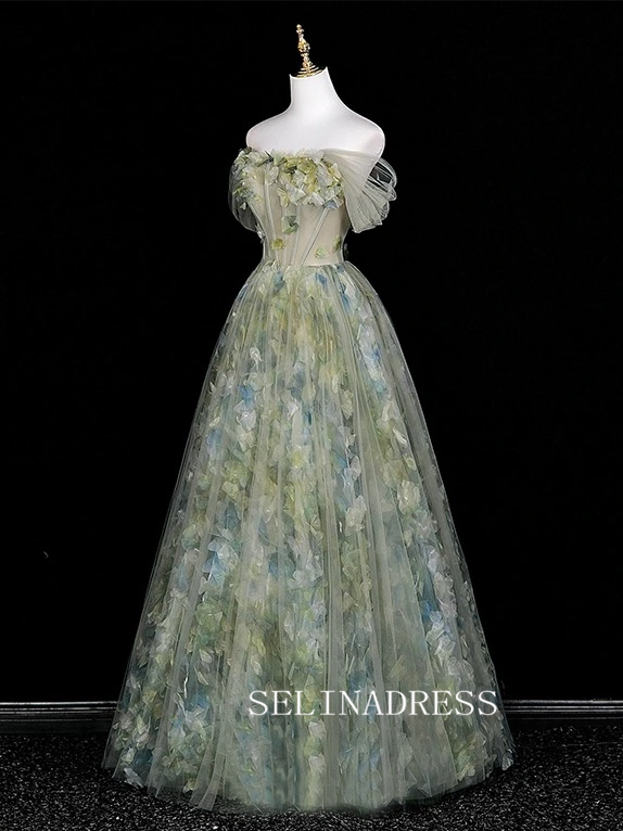 Chic A-line Off-the-shoulder Long Prom Dresses 3D Floral Evening Dress CRN065|Selinadress