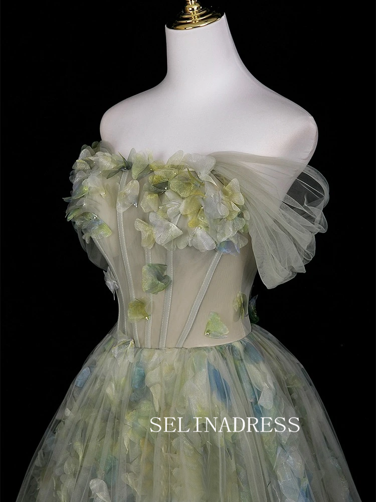 Chic A-line Off-the-shoulder Long Prom Dresses 3D Floral Evening Dress CRN065|Selinadress