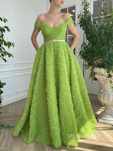 Chic A-line Off-the-shoulder Long Prom Dresses Elegant Sage Evening Dress sew03340|Selinadress