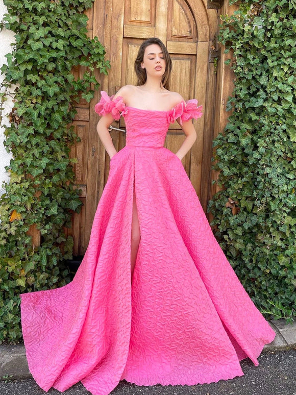 Chic A-line Off-the-shoulder Long Prom Dresses Hot Pink Evening Formal Dresses KTS056|Selinadress