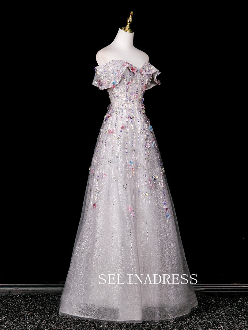 Chic A-line Off-the-shoulder Prom Dresses WIth Flower Sparkly Evening Dress CRN070|Selinadress
