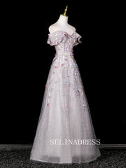 Chic A-line Off-the-shoulder Prom Dresses WIth Flower Sparkly Evening Dress CRN070|Selinadress