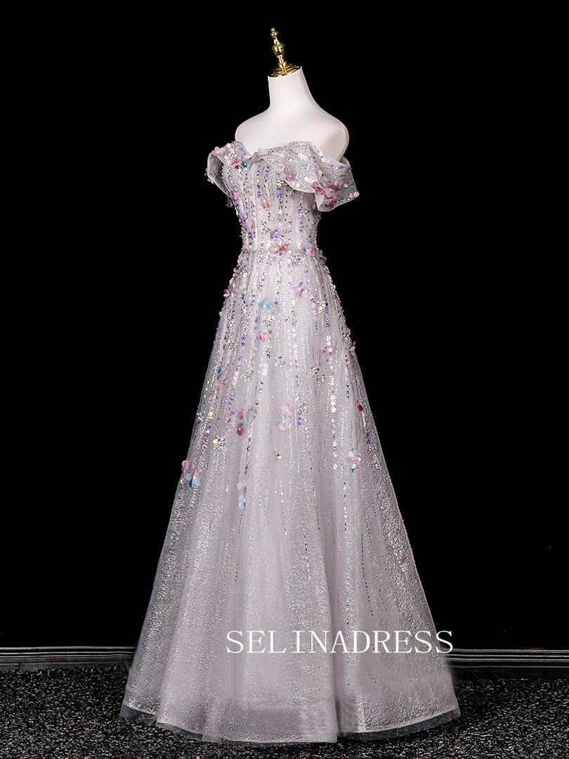 Chic A-line Off-the-shoulder Prom Dresses WIth Flower Sparkly Evening Dress CRN070|Selinadress