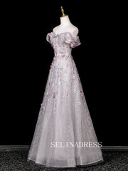 Chic A-line Off-the-shoulder Prom Dresses WIth Flower Sparkly Evening Dress CRN070|Selinadress