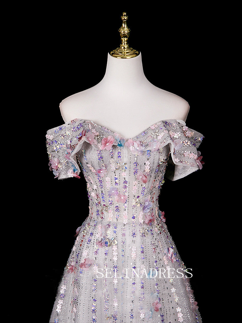 Chic A-line Off-the-shoulder Prom Dresses WIth Flower Sparkly Evening Dress CRN070|Selinadress