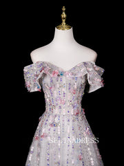 Chic A-line Off-the-shoulder Prom Dresses WIth Flower Sparkly Evening Dress CRN070|Selinadress