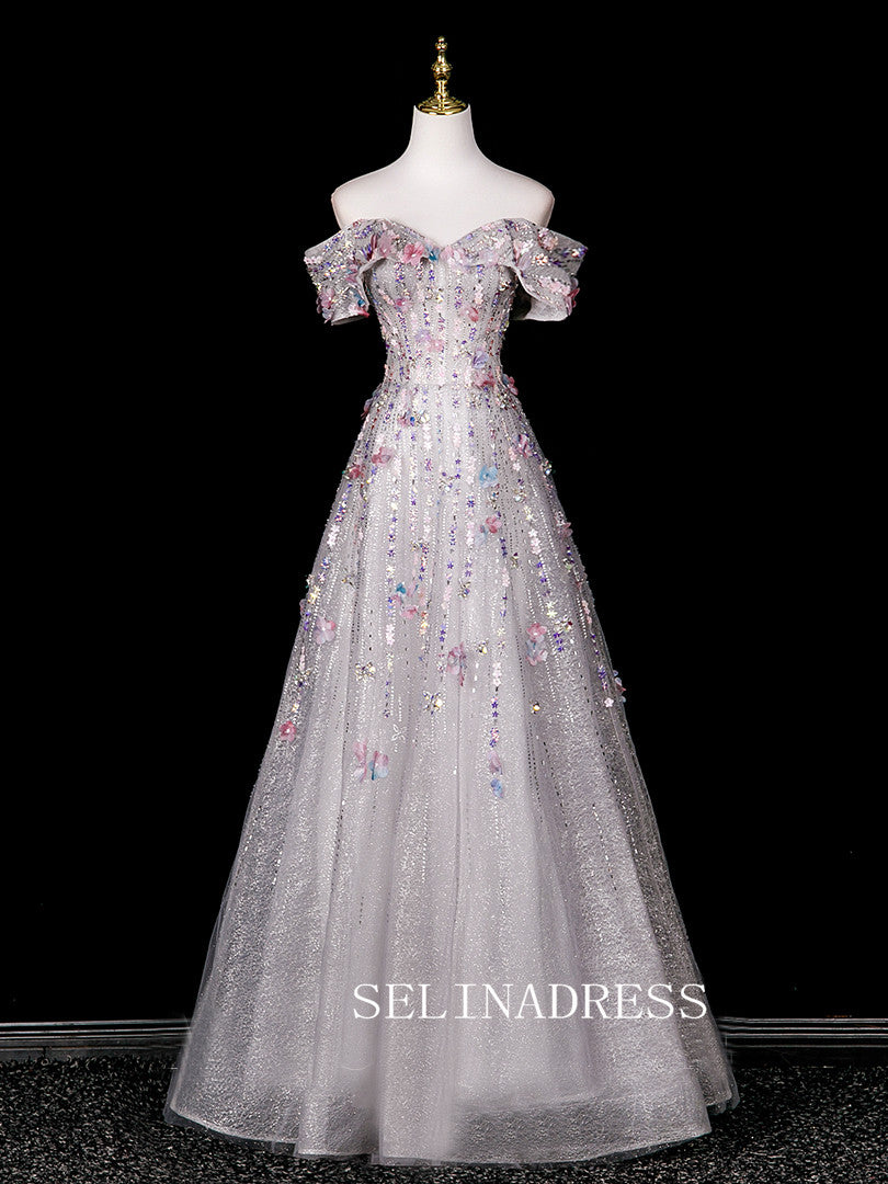 Chic A-line Off-the-shoulder Prom Dresses WIth Flower Sparkly Evening Dress CRN070|Selinadress