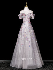 Chic A-line Off-the-shoulder Prom Dresses WIth Flower Sparkly Evening Dress CRN070|Selinadress