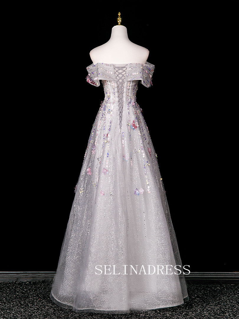 Chic A-line Off-the-shoulder Prom Dresses WIth Flower Sparkly Evening Dress CRN070|Selinadress
