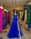 Chic A-line Off-the-shoulder Royal Blue Long Prom Dresses Elegant Lace Beaded Evening Dress sew03348|Selinadress