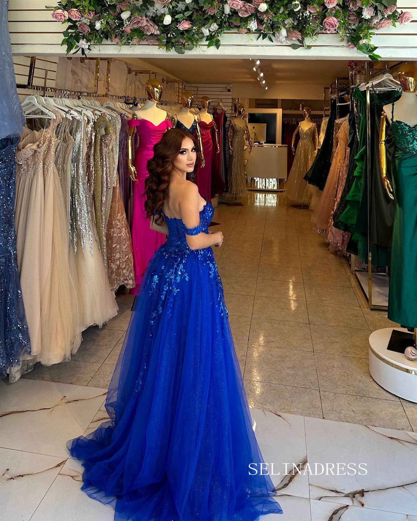Chic A-line Off-the-shoulder Royal Blue Long Prom Dresses Elegant Lace SELINADRESS Chic A-line Off-the-shoulder Royal Blue Long Prom Dresses Elegant Lace SELINADRESS