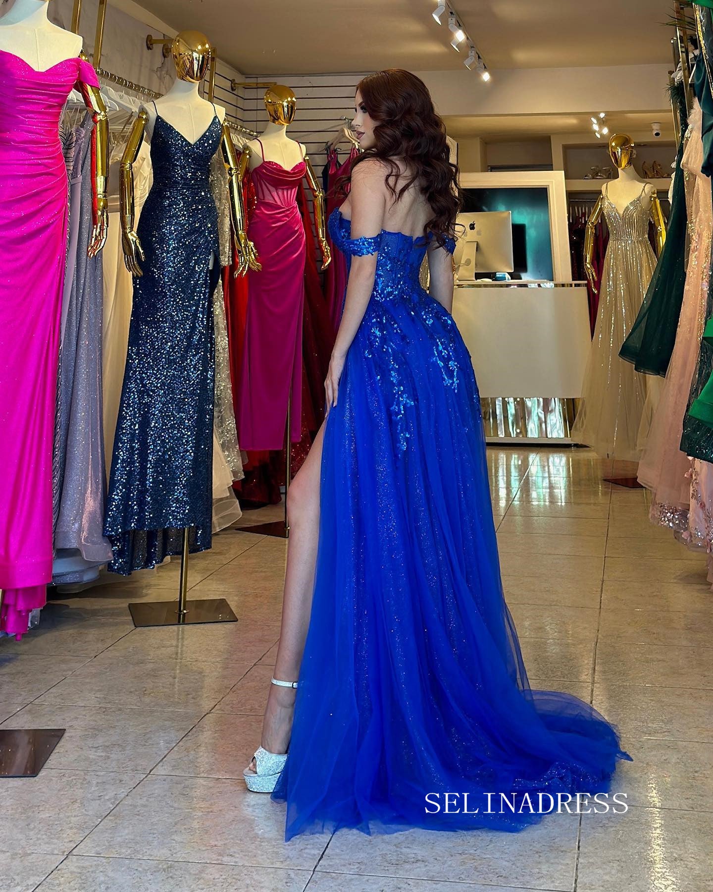 Chic A-line Off-the-shoulder Royal Blue Long Prom Dresses Elegant