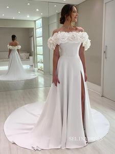 Chic A-line Off-the-shoulder White Satin Wedding Dress Rustic Bridal Dresses lpk131|Selinadress