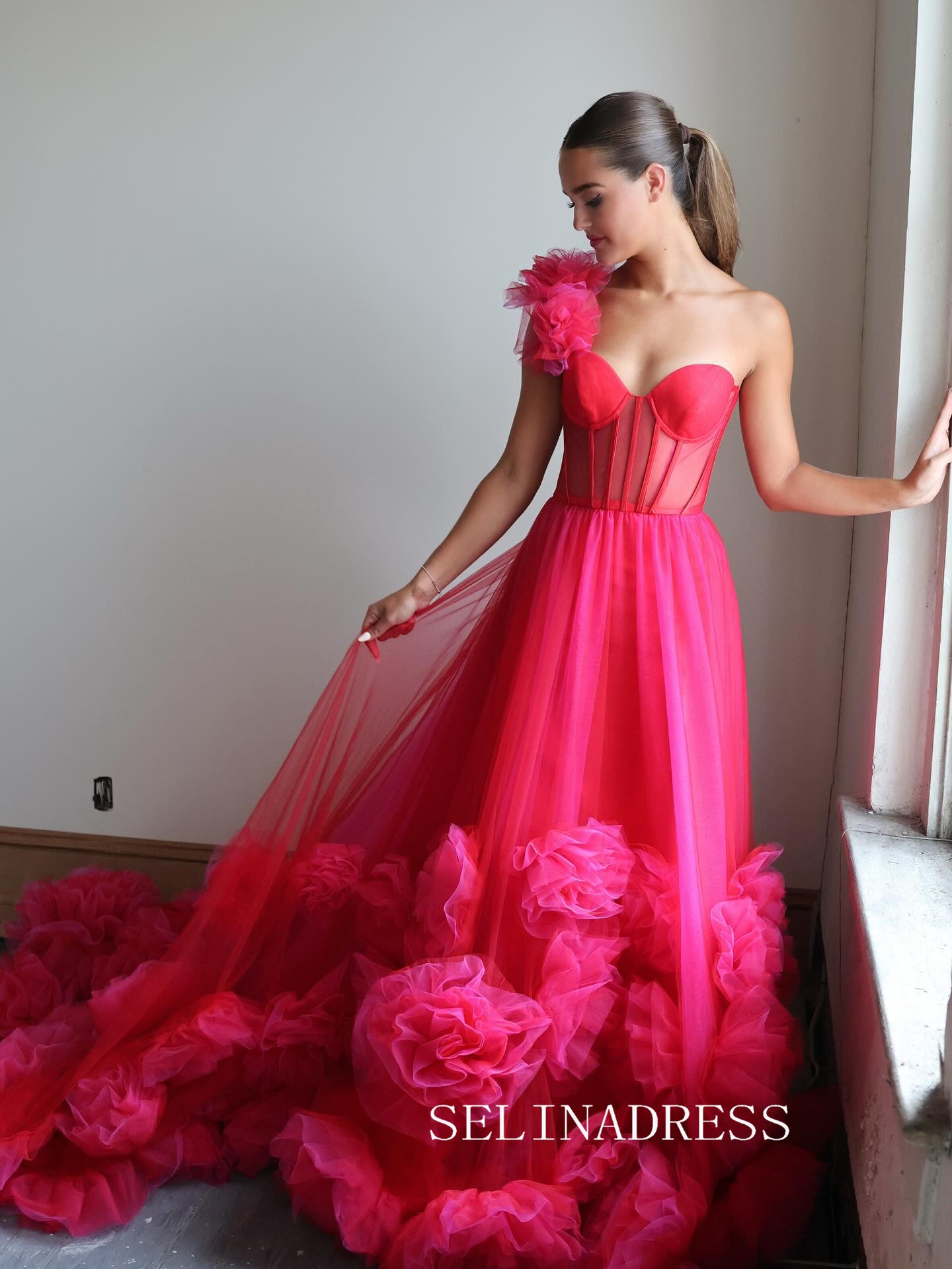 Chic A-line One Shoulder Pink Long Prom Dresses Elegant Long Formal Gowns SEA018|Selinadress