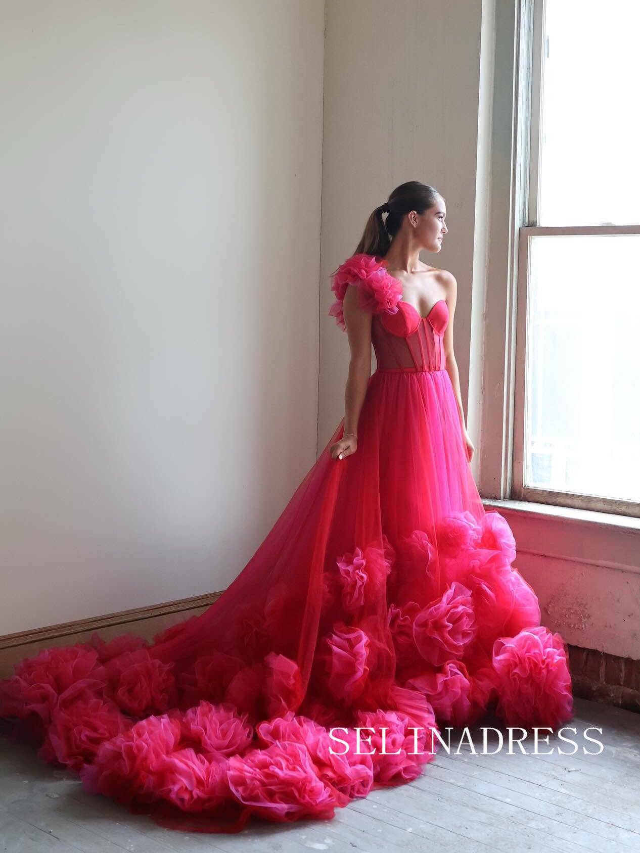 Chic A-line One Shoulder Pink Long Prom Dresses Elegant Long Formal Gowns SEA018|Selinadress