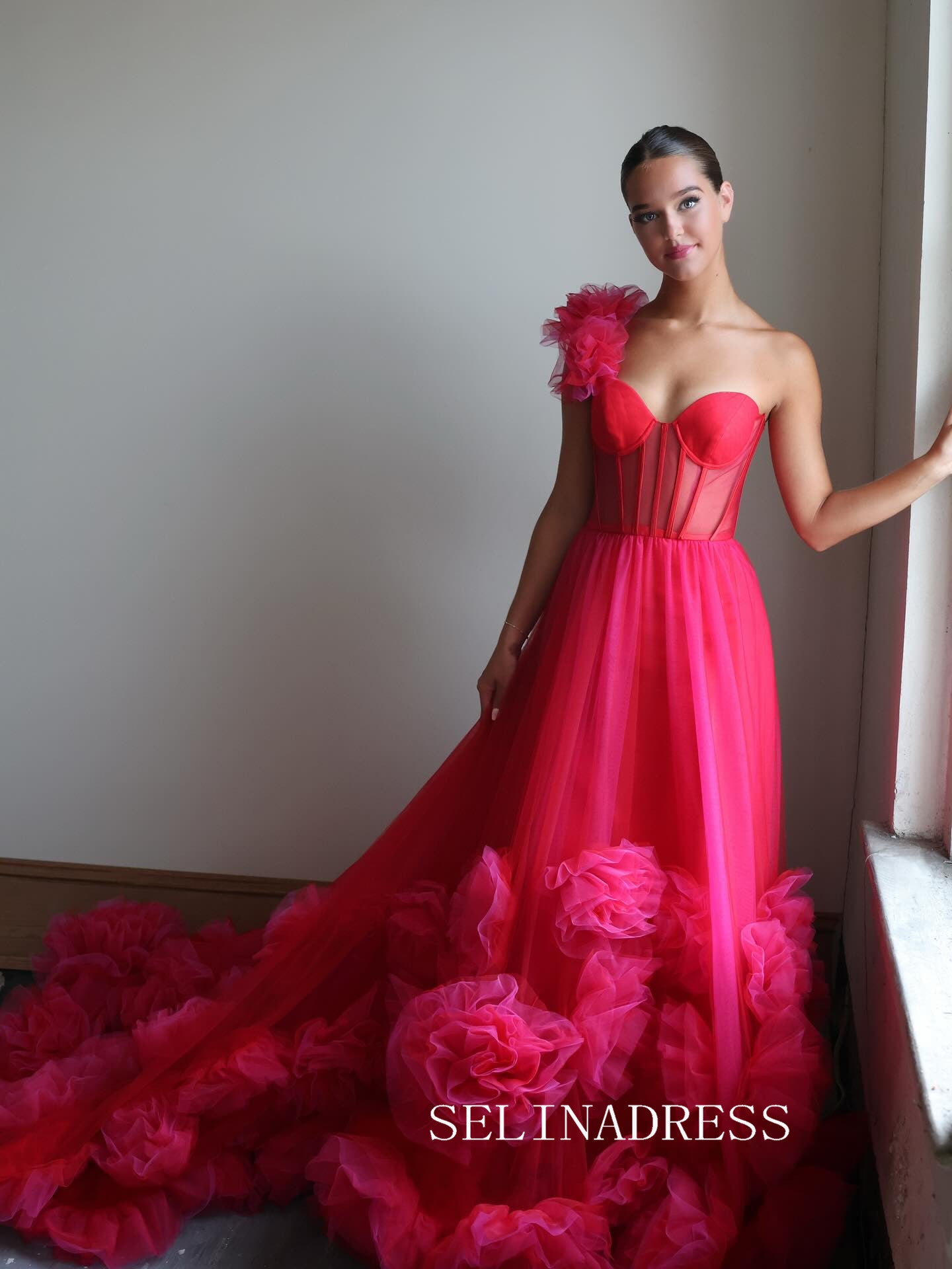 Chic A-line One Shoulder Pink Long Prom Dresses Elegant Long Formal Gowns SEA018|Selinadress
