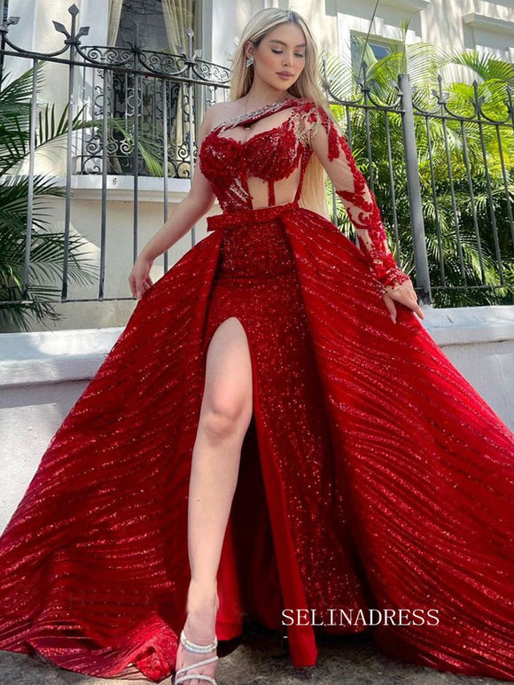 Chic A-line One Shoulder Red Long Prom Dresses Elegant Sequins Evening Dress sew0219|Selinadress