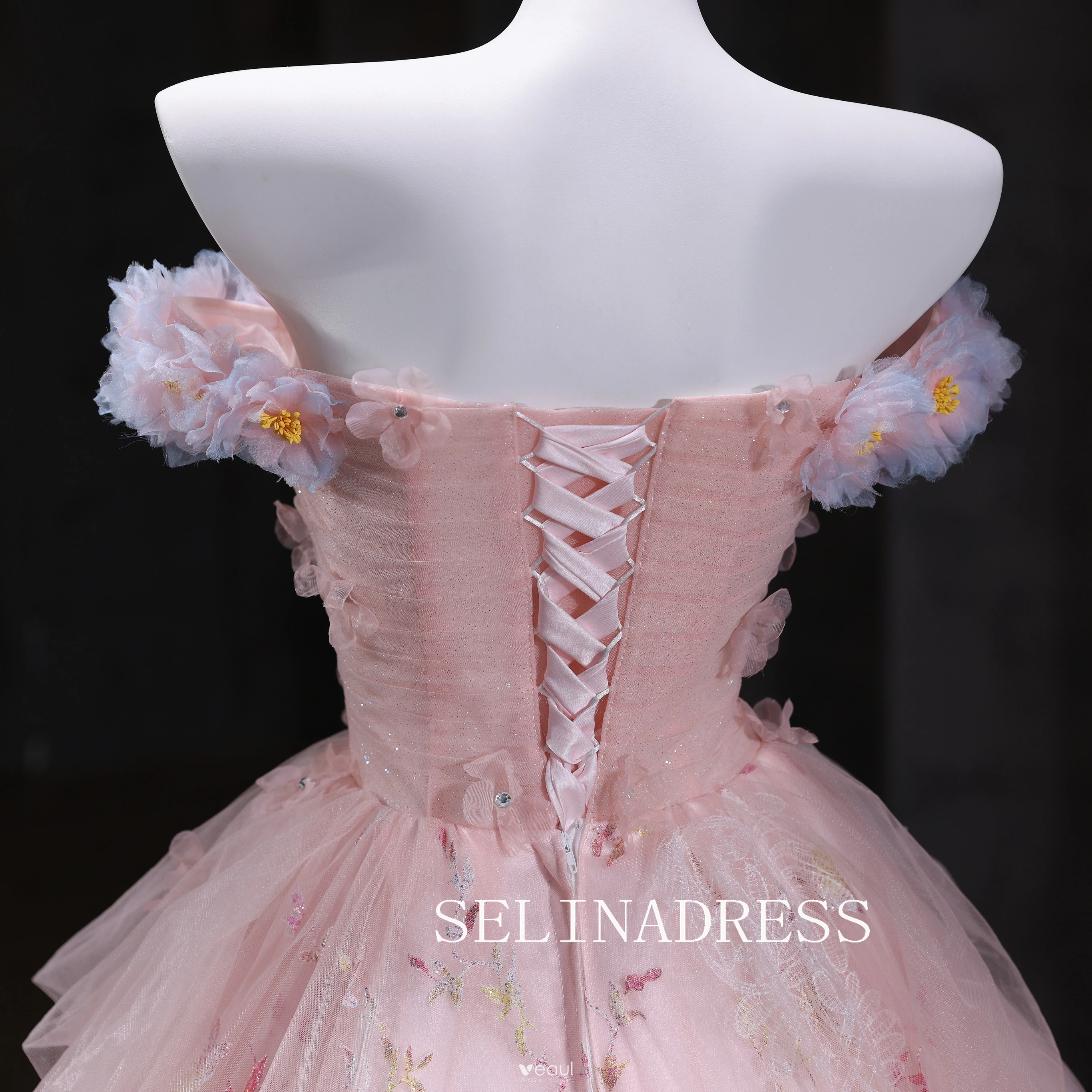 Chic A-line Pink Off-the-shoulder Prom Dresses Lace Floral Evening Dress CRN067|Selinadress