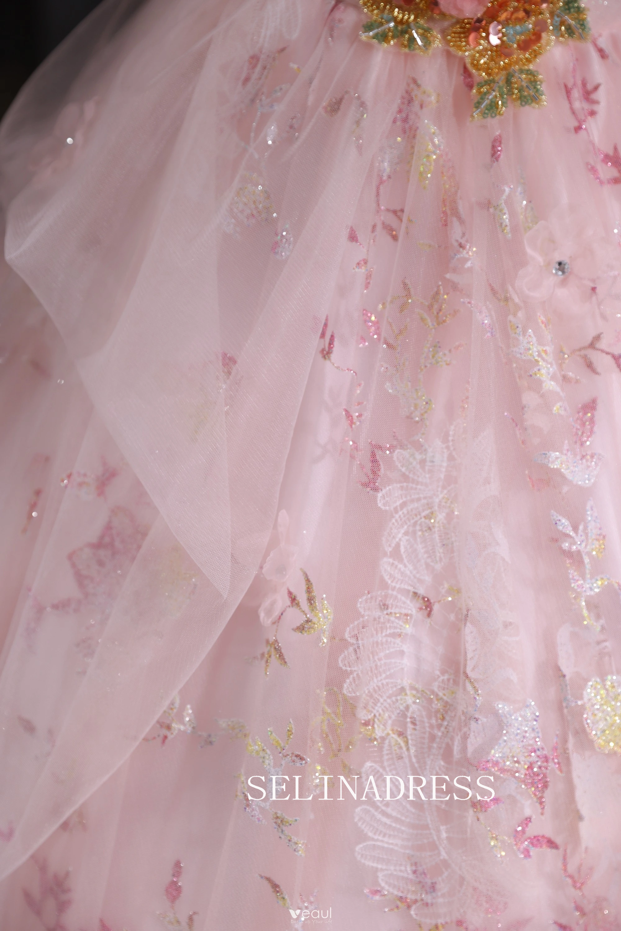 Chic A-line Pink Off-the-shoulder Prom Dresses Lace Floral Evening Dress CRN067|Selinadress