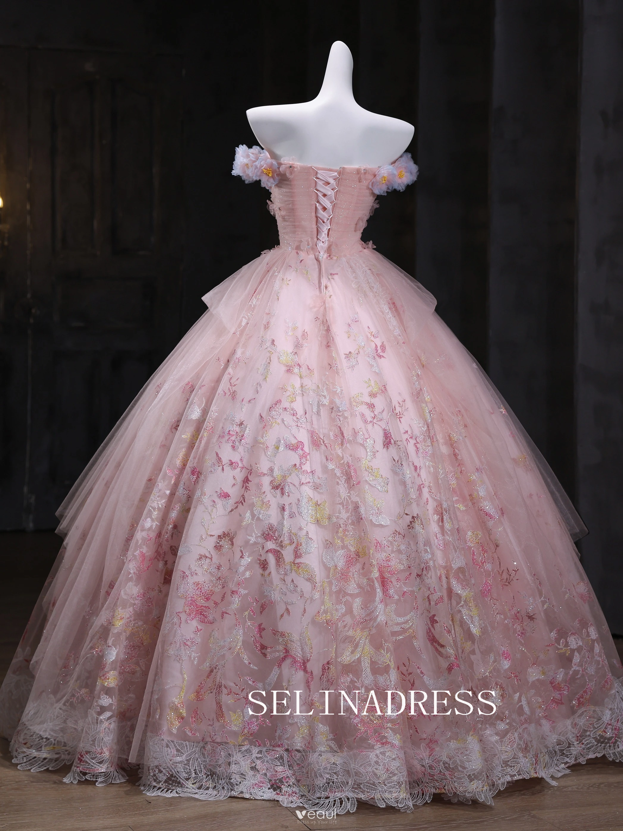 Chic A-line Pink Off-the-shoulder Prom Dresses Lace Floral Evening Dre SELINADRESS Chic A-line Pink Off-the-shoulder Prom Dresses Lace Floral Evening Dre SELINADRESS