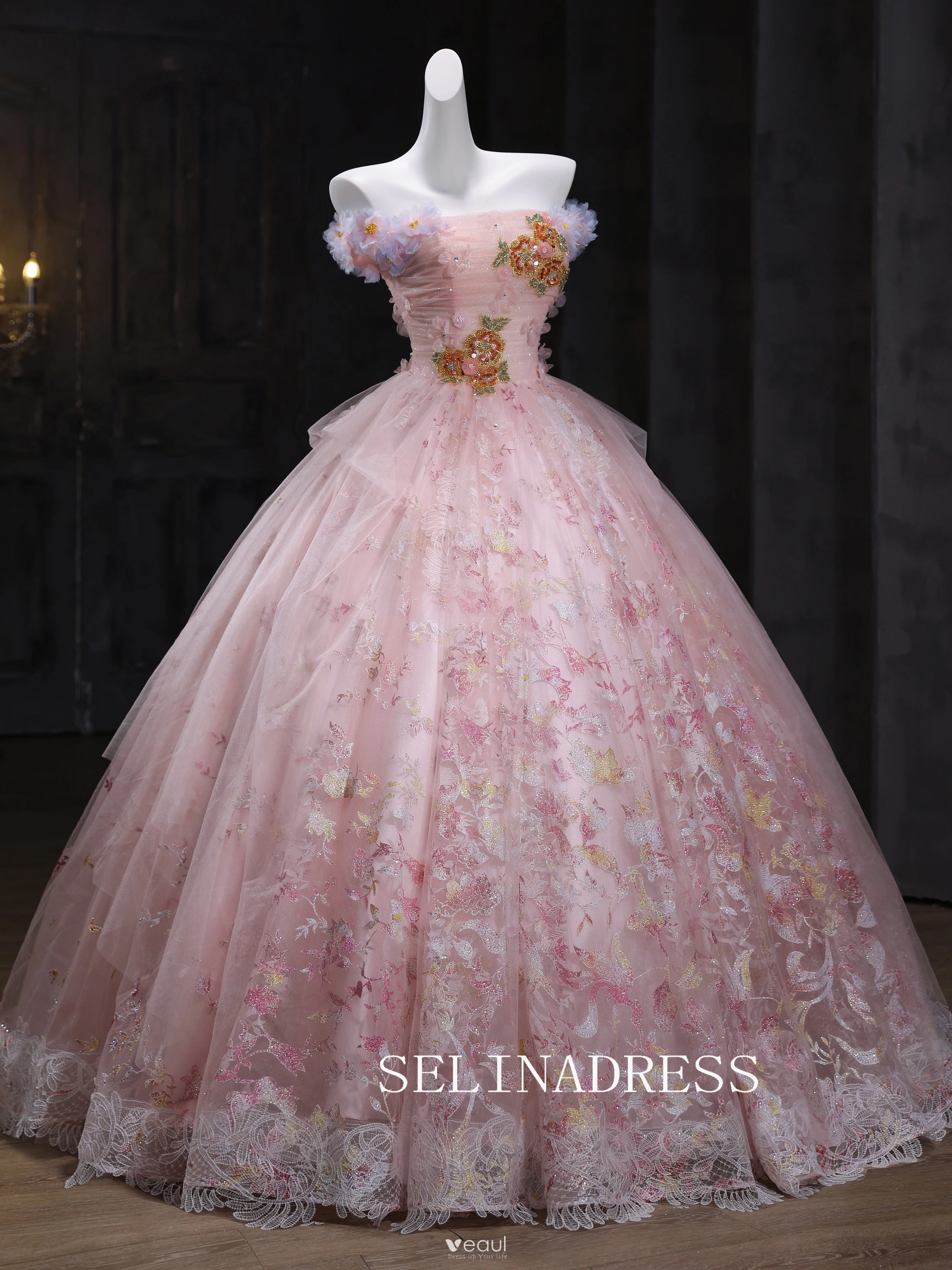 Chic A-line Pink Off-the-shoulder Prom Dresses Lace Floral Evening Dress CRN067|Selinadress