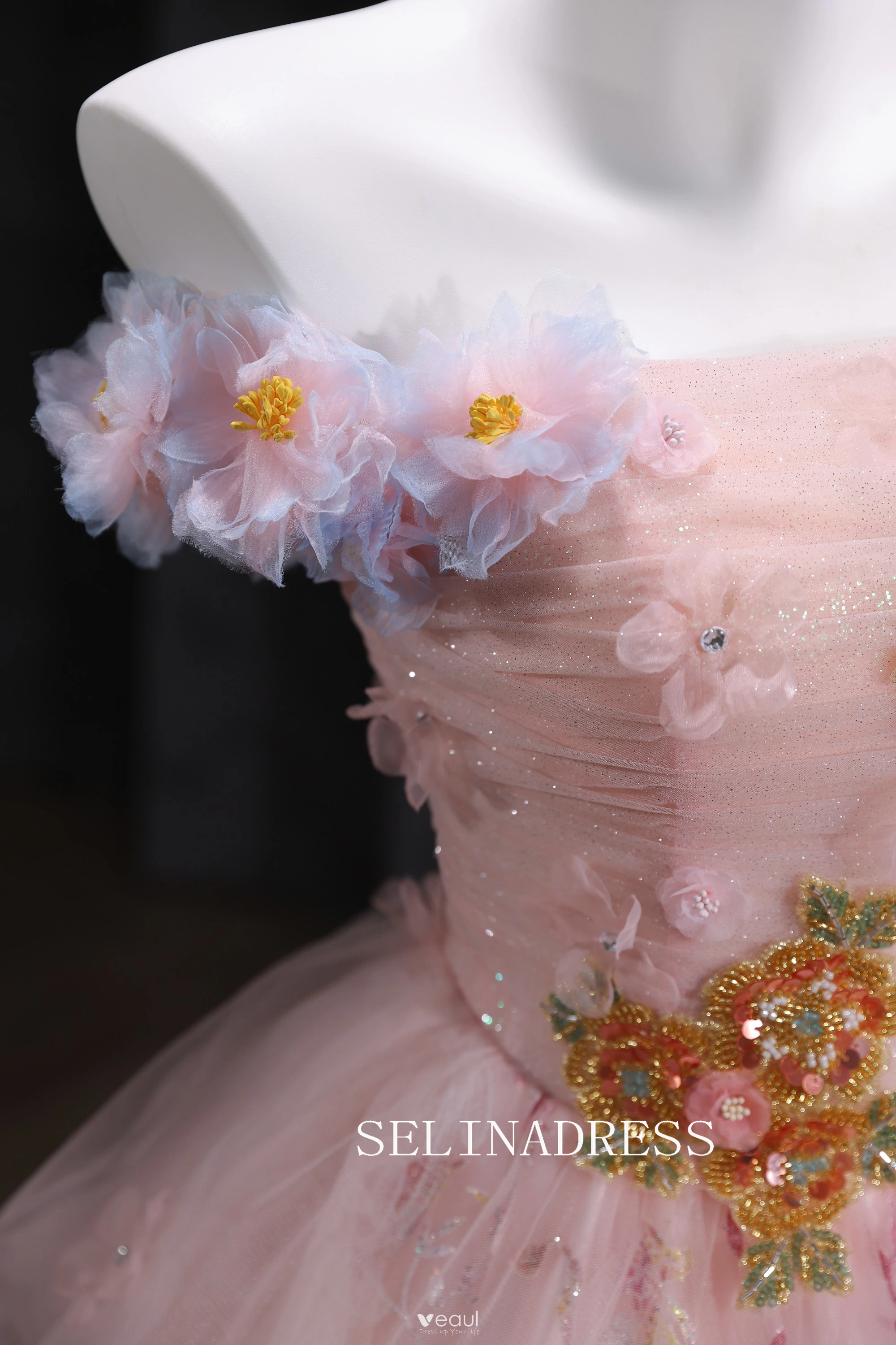 Chic A-line Pink Off-the-shoulder Prom Dresses Lace Floral Evening Dress CRN067|Selinadress