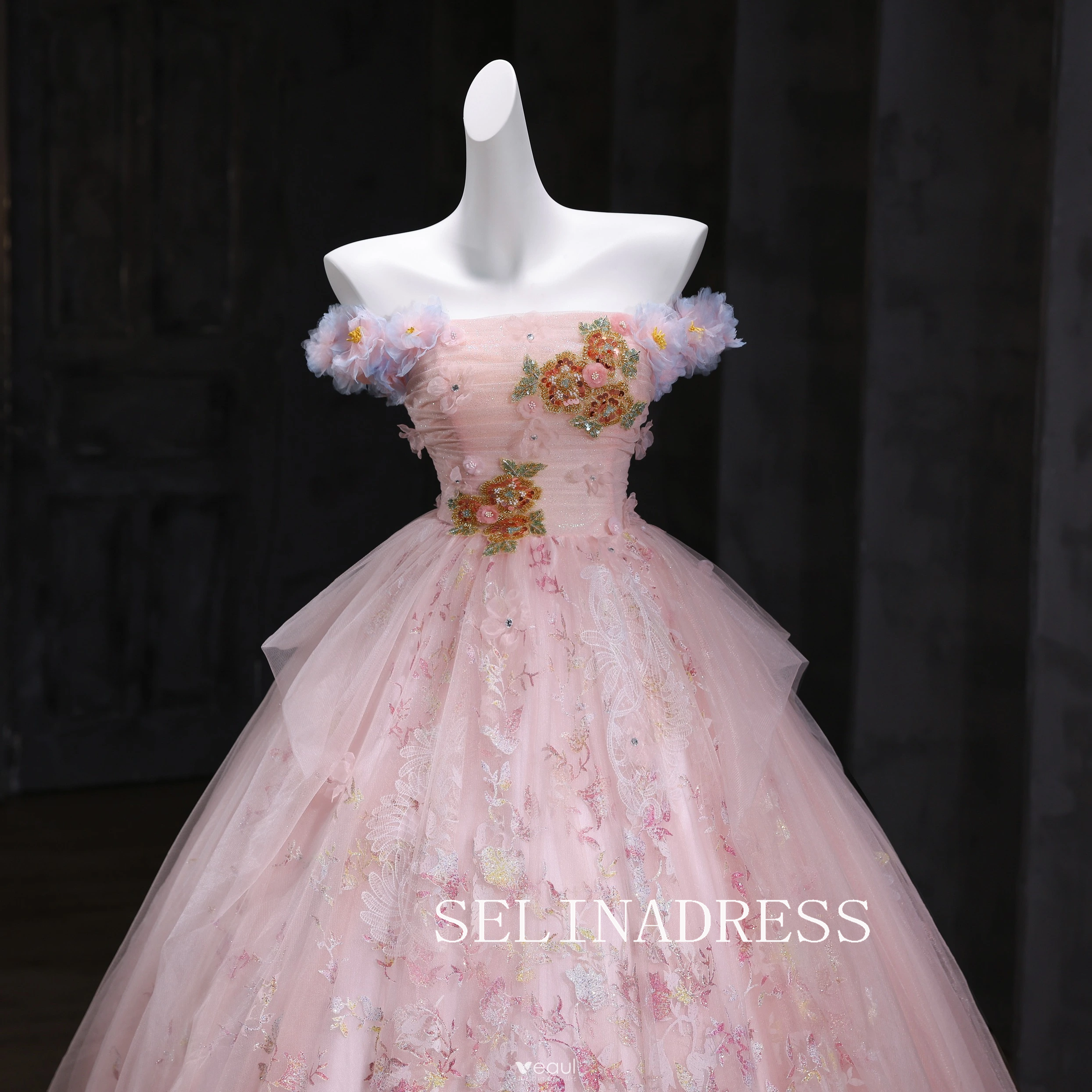 Chic A-line Pink Off-the-shoulder Prom Dresses Lace Floral Evening Dress CRN067|Selinadress