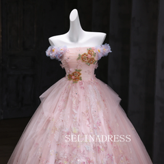 Chic A-line Pink Off-the-shoulder Prom Dresses Lace Floral Evening Dress CRN067|Selinadress