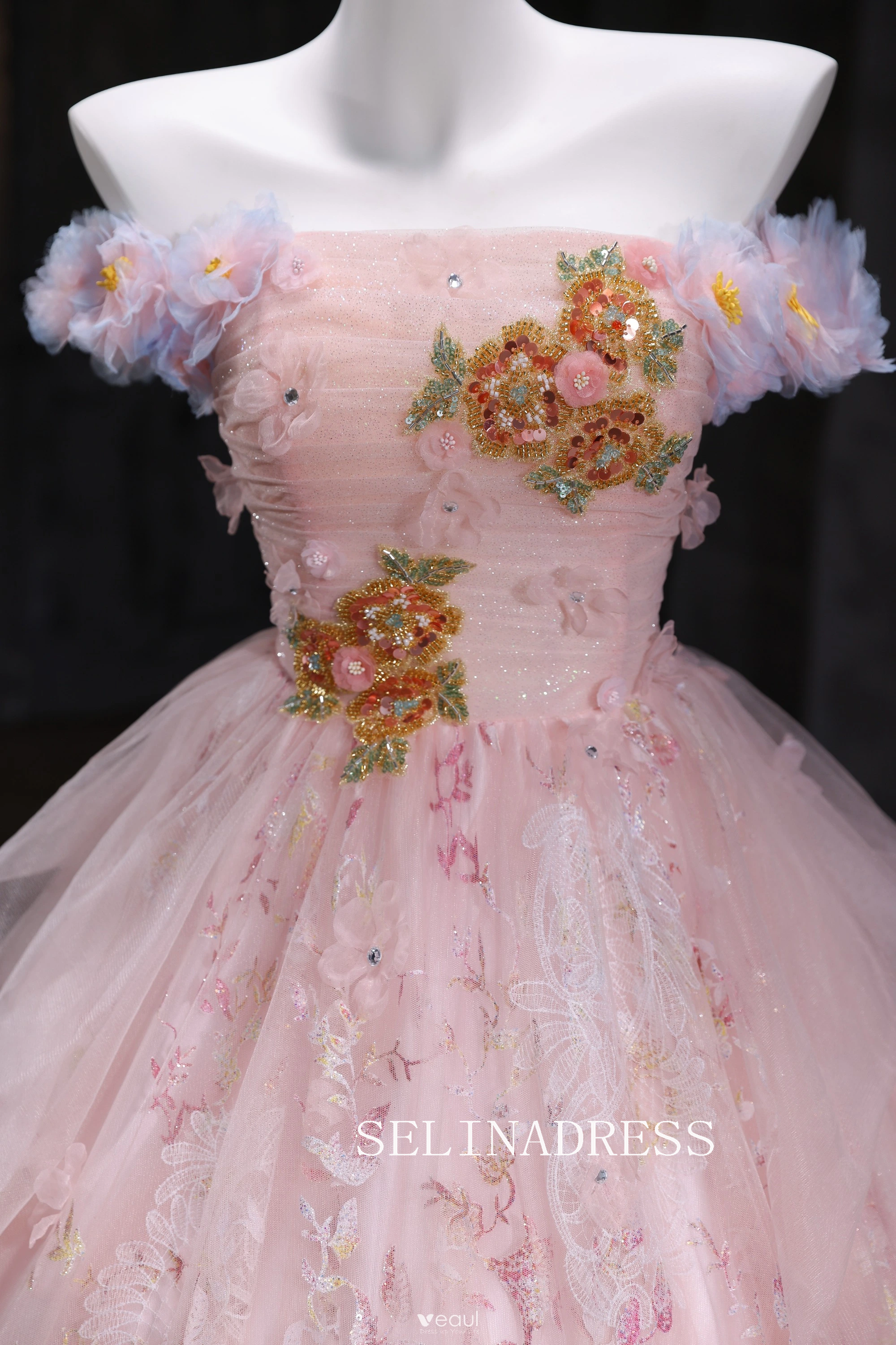 Chic A-line Pink Off-the-shoulder Prom Dresses Lace Floral Evening Dress CRN067|Selinadress