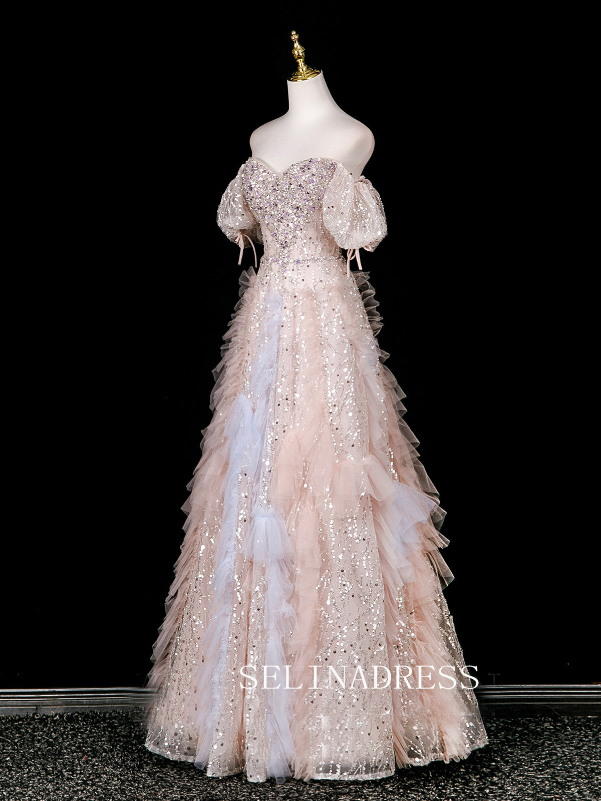 Chic A-line Pink Off-the-shoulder Prom Dresses Sparkly Evening Dress CRN069|Selinadress