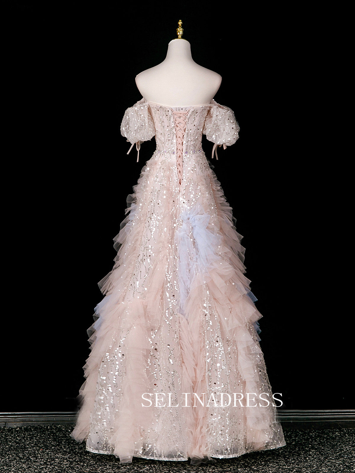 Chic A-line Pink Off-the-shoulder Prom Dresses Sparkly Evening Dress CRN069|Selinadress