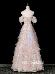 Chic A-line Pink Off-the-shoulder Prom Dresses Sparkly Evening Dress CRN069|Selinadress