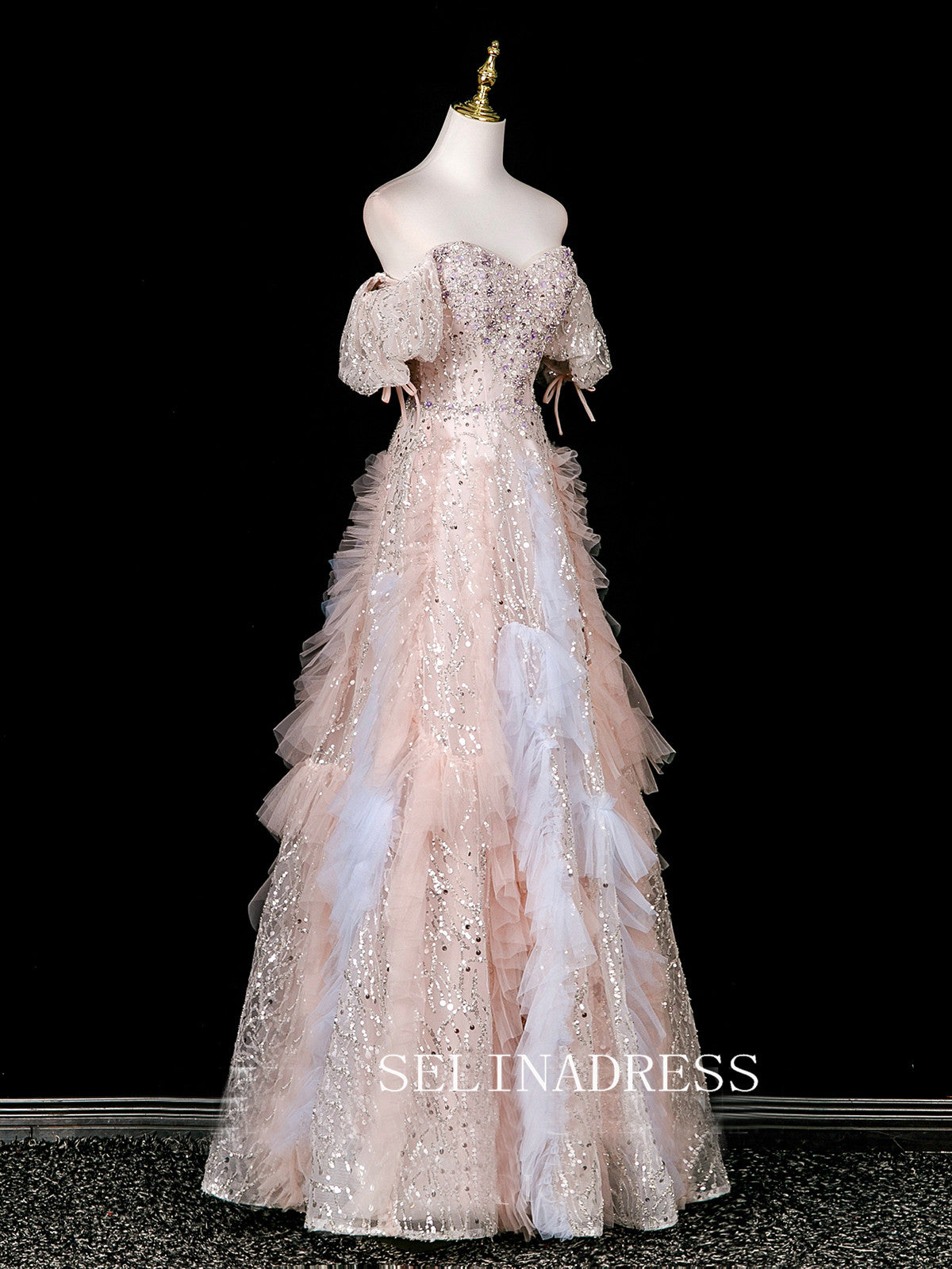 Chic A-line Pink Off-the-shoulder Prom Dresses Sparkly Evening Dress CRN069|Selinadress