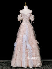 Chic A-line Pink Off-the-shoulder Prom Dresses Sparkly Evening Dress CRN069|Selinadress