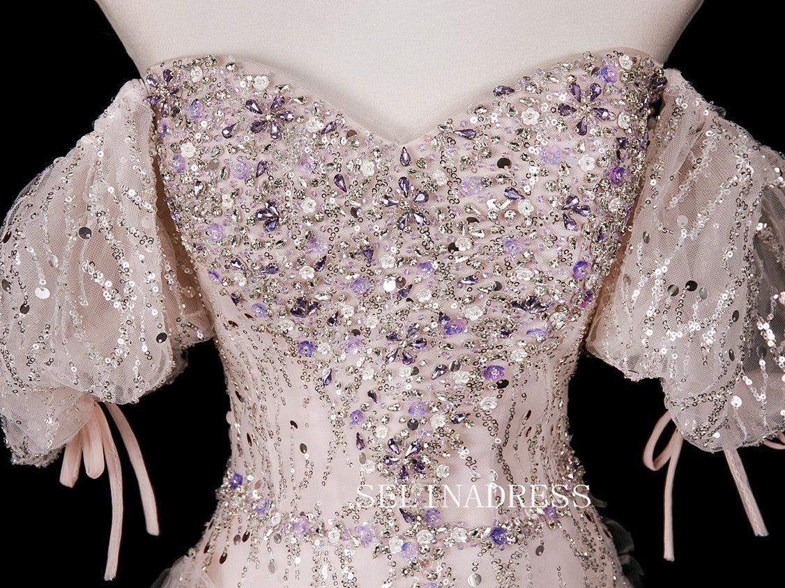 Chic A-line Pink Off-the-shoulder Prom Dresses Sparkly Evening Dress CRN069|Selinadress