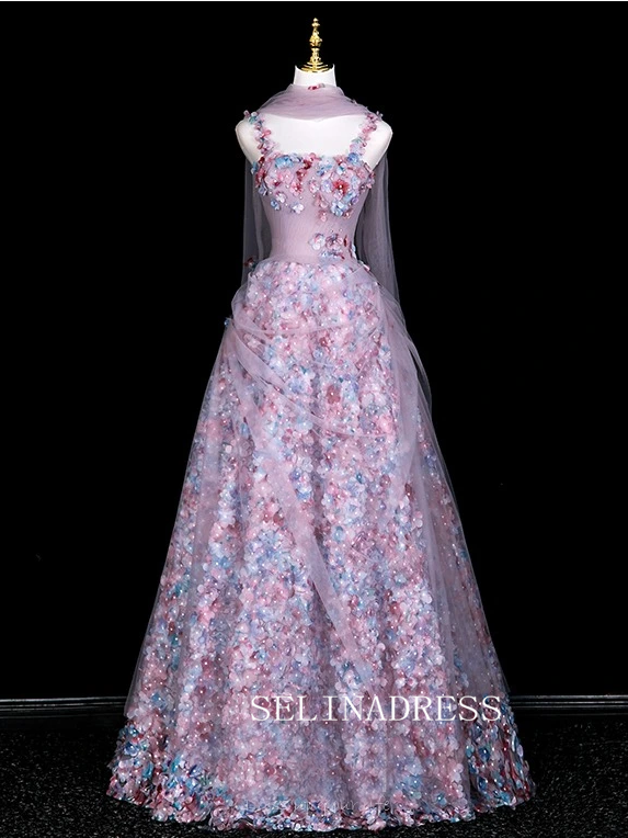 Chic A-line Pink Straps Long Prom Dresses 3D Floral Evening Dress CRN066|Selinadress