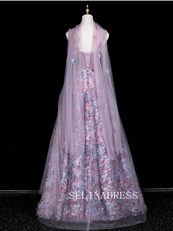 Chic A-line Pink Straps Long Prom Dresses 3D Floral Evening Dress CRN066|Selinadress