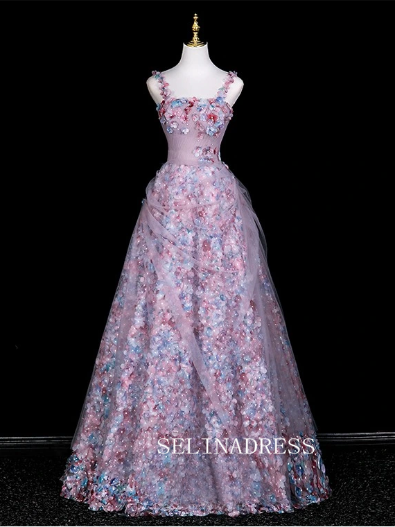 Chic A-line Pink Straps Long Prom Dresses 3D Floral Evening Dress CRN066|Selinadress