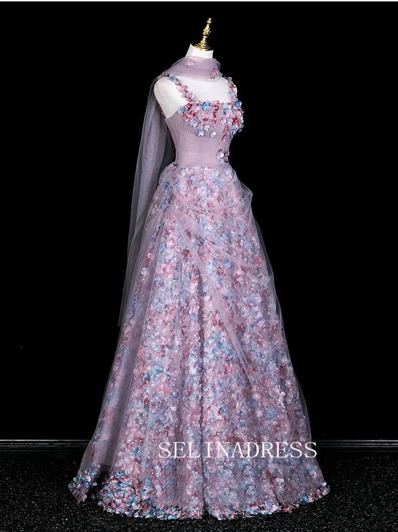 Chic A-line Pink Straps Long Prom Dresses 3D Floral Evening Dress CRN066|Selinadress