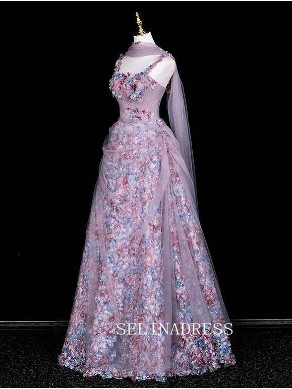 Chic A-line Pink Straps Long Prom Dresses 3D Floral Evening Dress CRN066|Selinadress