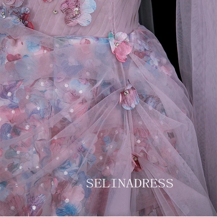 Chic A-line Pink Straps Long Prom Dresses 3D Floral Evening Dress CRN066|Selinadress