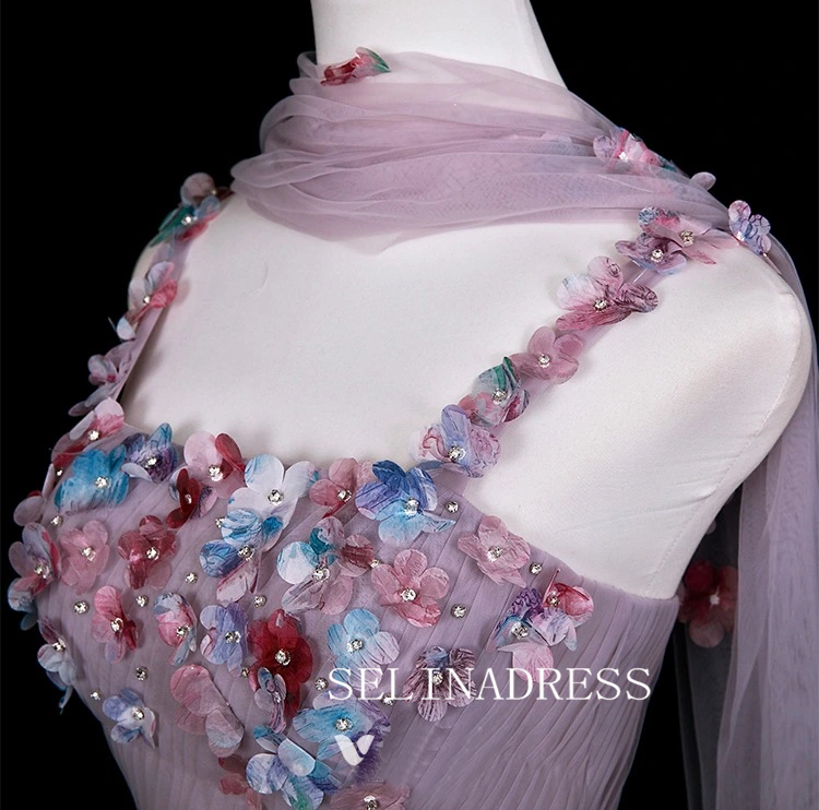 Chic A-line Pink Straps Long Prom Dresses 3D Floral Evening Dress CRN066|Selinadress