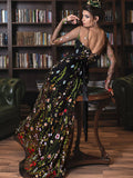 Chic A-line Scoop Black Long Prom Dresses 3D Floral Lace Evening Gowns Formal Dresses KTS057|Selinadress