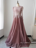 Chic A-line Scoop Long Sleeve Beaded Prom Dress Elegant Evening Dress #KOP003|Selinadress