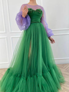 Chic A-line Scoop Long Sleeve Prom Dresses Elegant Tulle Evening Formal Dresses kts063|Selinadress