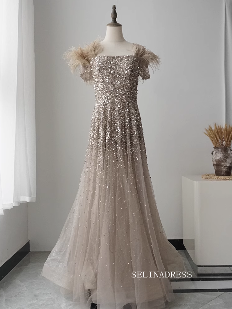 Chic Aline Sequins Feather Long Prom Dress Elegant Evening Dress KOP