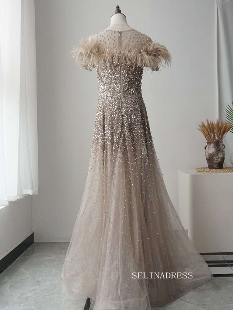 Chic Aline Sequins Feather Long Prom Dress Elegant Evening Dress KOP