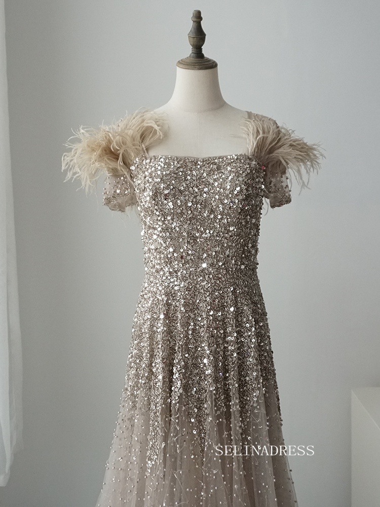 Chic A-line Sequins Feather Long Prom Dress Elegant Evening Dress #KOP SELINADRESS Chic A-line Sequins Feather Long Prom Dress Elegant Evening Dress #KOP SELINADRESS